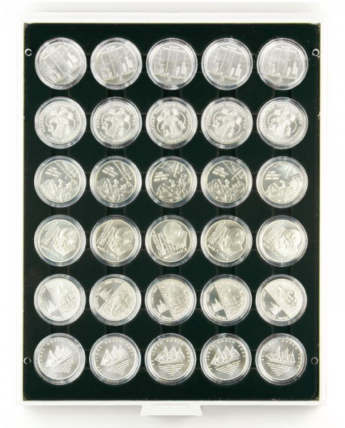 LINDNER Münzbox CARBO mit 30 runden Vertiefungen für Münzkapseln mit Außen-Ø37,5 mm für verkapselte deutsche 20 Euro-/10 Euro-Silbermünzen in Spiegelglanz