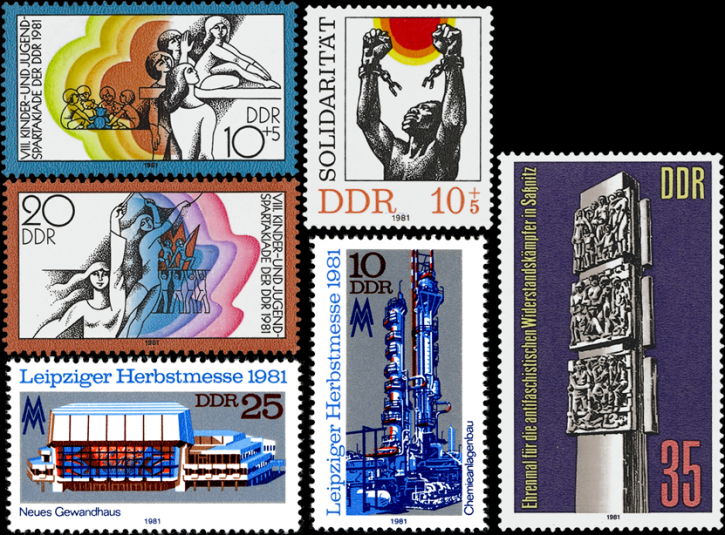 Briefmarken DDR 1981, Mi.Nr. 2617-18, 2634-2635, 2639, 2648, Postrisch