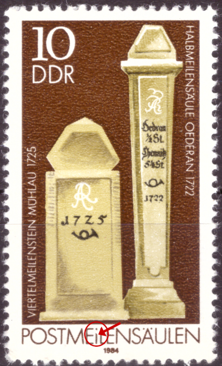 Briefmarken: DDR 1984 Mi.Nr. 2853 I, Plattenfehler I, Feld 29, kleines "i" in "POSTMEILENSÄULEN", Postfrisch