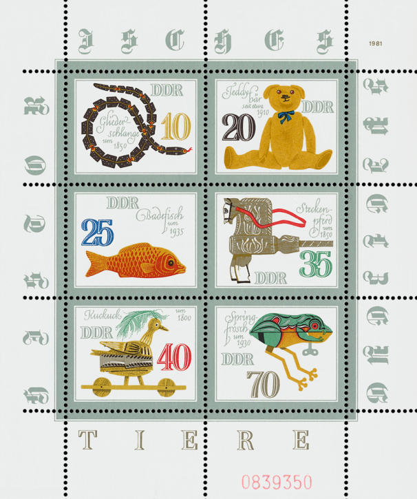 Briefmarken: DDR 1981, Mi. Nr. 2661-2666 Kleinbogen, Historisches Spielzeug (II): Tiere, Postfrisch