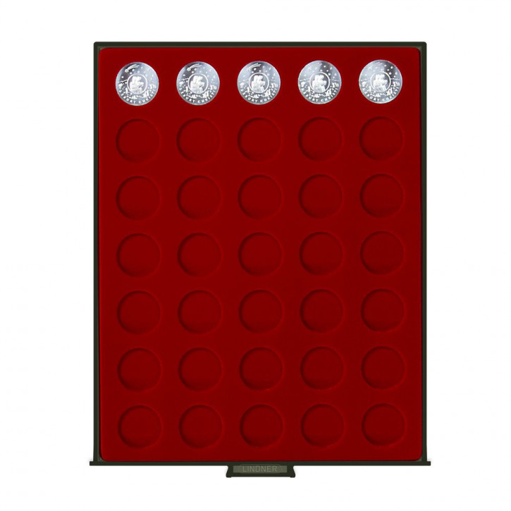 LINDNER Münzbox RAUCHGLAS mit 35 runden Vertiefungen für Münzen mit Ø31 mm, z.B. für deutsche 25€-Sammlermünzen (Tellermünzen)