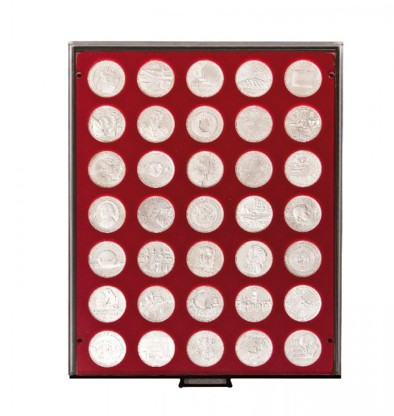 LINDNER Münzbox RAUCHGLAS mit 35 runden Vertiefungen für Münzen mit Ø32,5 mm, z.B. für deutsche 20 Euro- bzw. 10 Euro-Silbermünzen