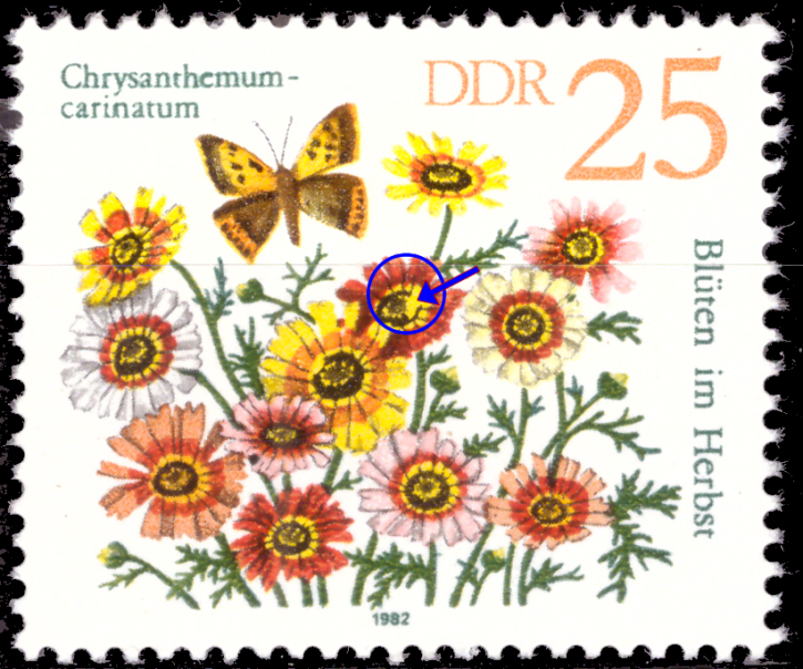 Briefmarken: DDR 1982. Mi.Nr. 2741 I, Plattenfehler I, Feld 18, Bogen 1, Kelchkranz der roten Blüte weit ausgebrochen, Postfrisch