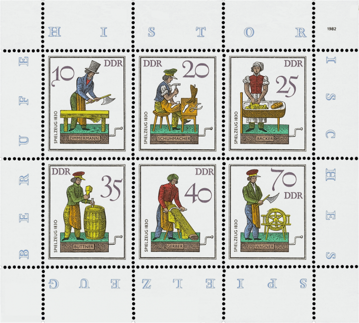 Briefmarken: DDR 1982. Mi.Nr. 2758-2763 Kleinbogen, Historisches Spielzeug (III), Handwerker. Postrisch