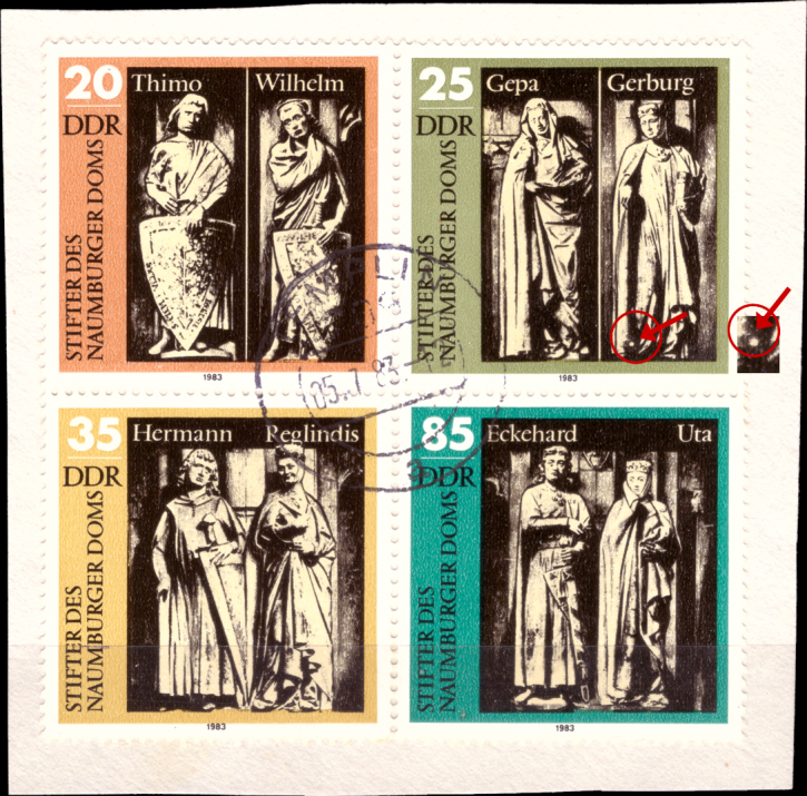 Briefmarken: DDR 1983 Mi.Nr. 2808-2811 Viererblock inkl. 2809 I, Plattenfehler I, Feld 4, Stifter des Naumburger Doms. Gestempelt auf Briefstück