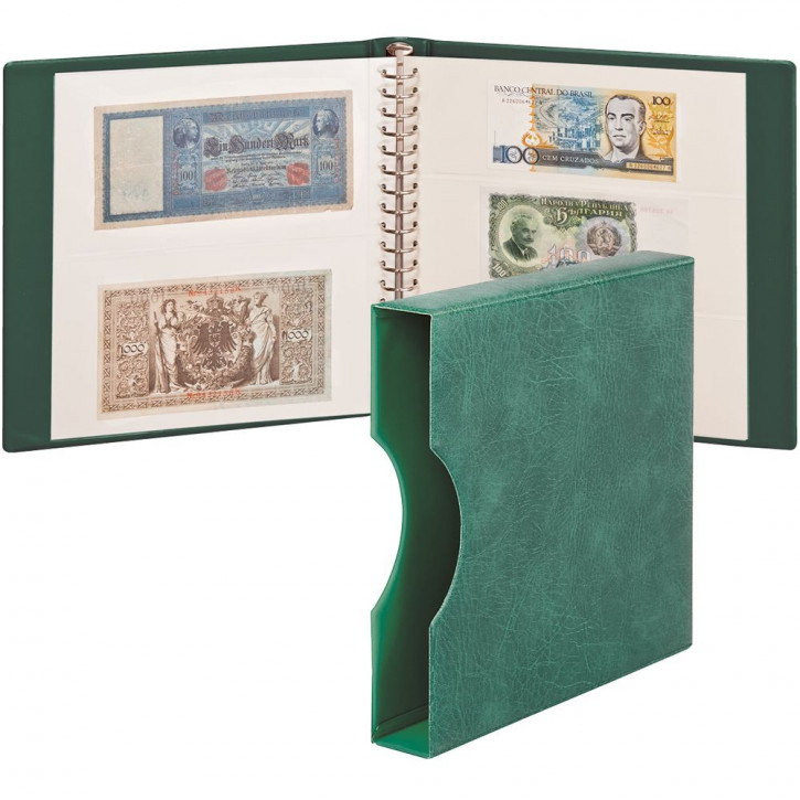LINDNER Banknoten-Album (mit weißen Zwischenblättern) inkl. Kassette und 20 Klarsichthüllen Grün