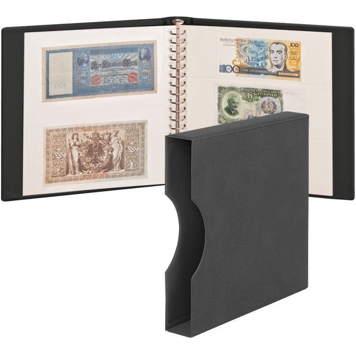 LINDNER Banknoten-Album (mit weißen Zwischenblättern) inkl. Kassette und 20 Klarsichthüllen Schwarz