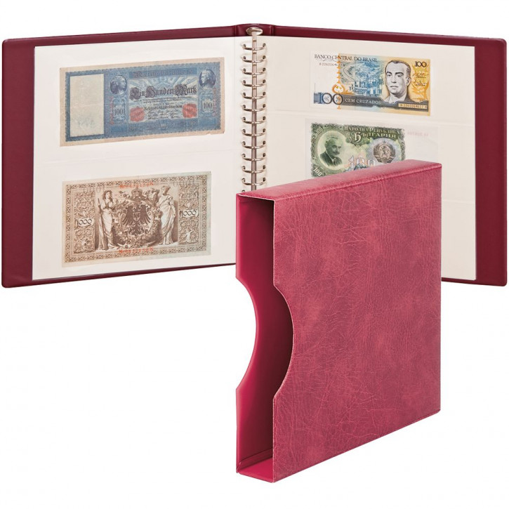 LINDNER Banknoten-Album (mit weißen Zwischenblättern) inkl. Kassette und 20 Klarsichthüllen Weinrot