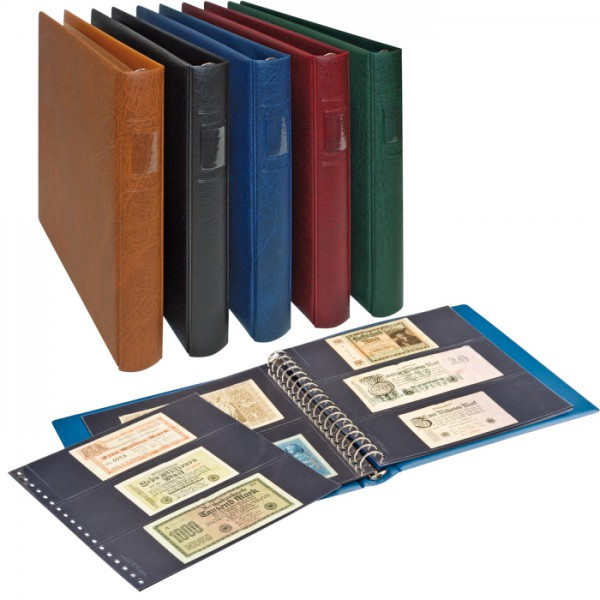 LINDNER Banknoten-Album (mit schwarzen Zwischenblättern) und 20 Klarsichthüllen in 5 Farben zur Auswahl