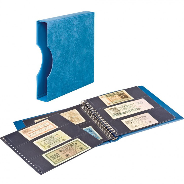 LINDNER Banknoten-Album (mit schwarzen Zwischenblättern) inkl. Kassette und 20 Klarsichthüllen Blau