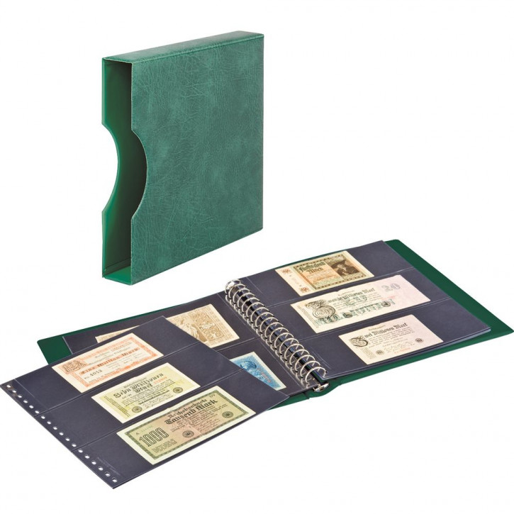 LINDNER Banknoten-Album (mit schwarzen Zwischenblättern) inkl. Kassette und 20 Klarsichthüllen Grün