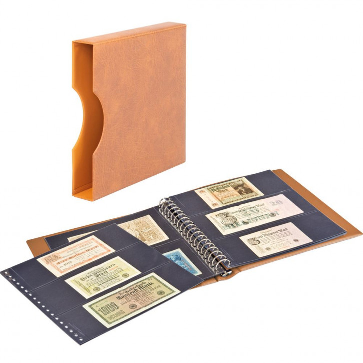 LINDNER Banknoten-Album (mit schwarzen Zwischenblättern) inkl. Kassette und 20 Klarsichthüllen hellbraun