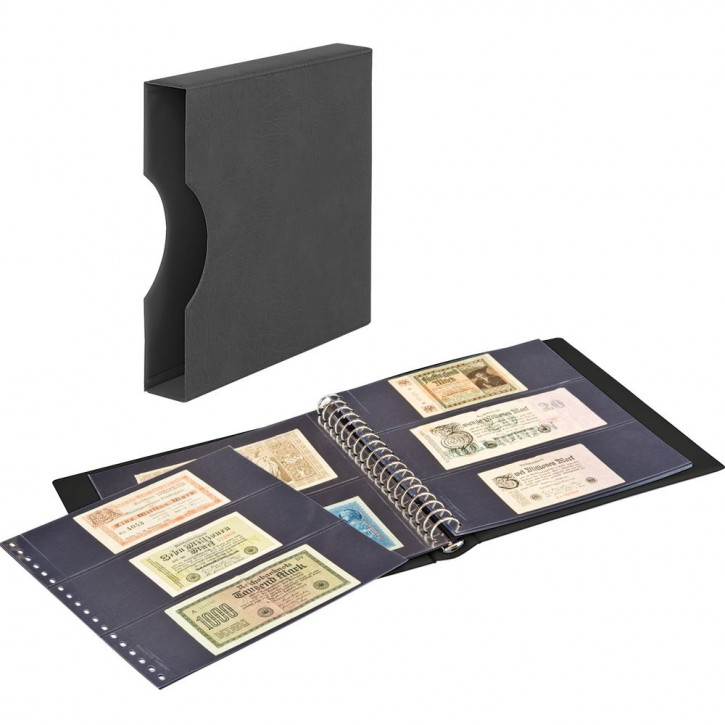 LINDNER Banknoten-Album (mit schwarzen Zwischenblättern) inkl. Kassette und 20 Klarsichthüllen schwarz