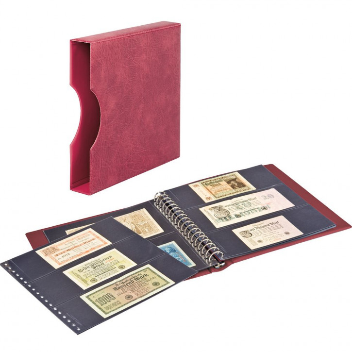 LINDNER Banknoten-Album (mit schwarzen Zwischenblättern) inkl. Kassette und 20 Klarsichthüllen weinrot