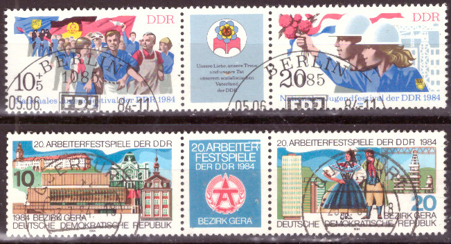 Briefmarken: DDR 1984, Mi.Nr. 2878-2881 (WZd589,WZd595) 2x Dreierstreifen, Jugendfestival, Arbeiterfestspiele, Gestempelt