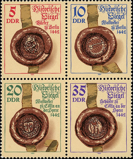 Briefmarken: DDR 1984, Mi.Nr. 2884 - 2887, Viererblock , Historische Siegel (I), Postfrisch