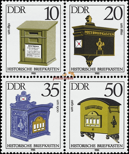 Briefmarken DDR 1985, Mi.Nr. 2924 - 2927 Viererblock, Historische Briefkästen. Postfrisch