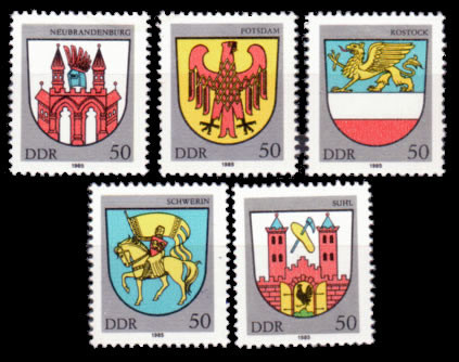 Briefmarken DDR 1985, Mi.Nr. 2934 - 2938, Stadtwappen (III). Postfrisch