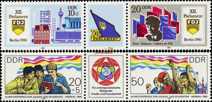 DDR 1985, Mi.Nr. 2947-2948 (WZD 630) + 2959-2960 (WZD 640), Dreierstreifen. FDJ + Weltfestspiele. Postfrisch