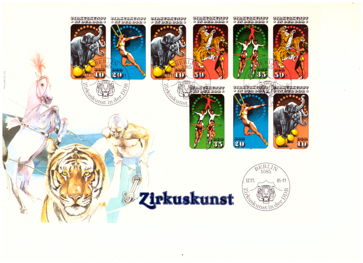 Briefmarken DDR 1985: Mi.Nr. je 2x 2983 - 2986, auf Schmuckumschlag, Zirkuskunst in der DDR (II). Ersttagssonderstempel