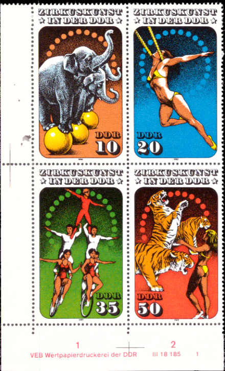 Briefmarken DDR 1985: Mi.Nr. 2983 - 2986 Viererblock DV, Zirkuskunst in der DDR (II). Postfrisch