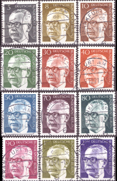 Briefmarken Berlin 1970, Mi.Nr. 359-370, Freimarken: Bundespräsident Dr. Gustav Heinemann (I). Gestempelt