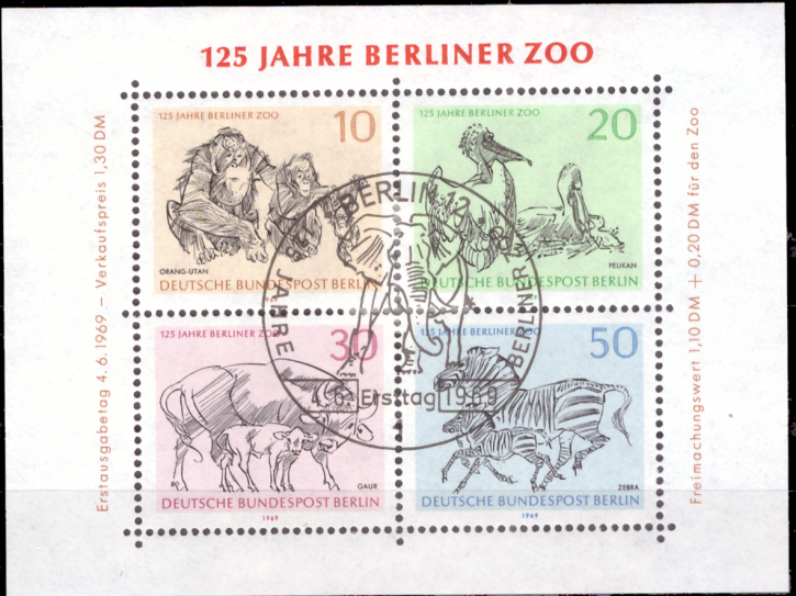 Briefmarken Berlin 1969, Mi.Nr. Block 2, 125 Jahre Berliner Zoo. Gestempelt