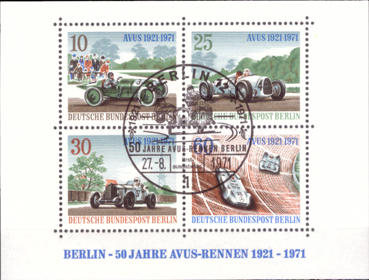 Briefmarken Berlin 1971, Mi.Nr. 397-400, Block 3: 50 Jahre AVUS-Rennen. Gestempelt