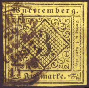 Briefmarken Altdeutschland Württemberg 1851, Mi. Nr. 2a, Ziffernzeichnung, Gestempelt