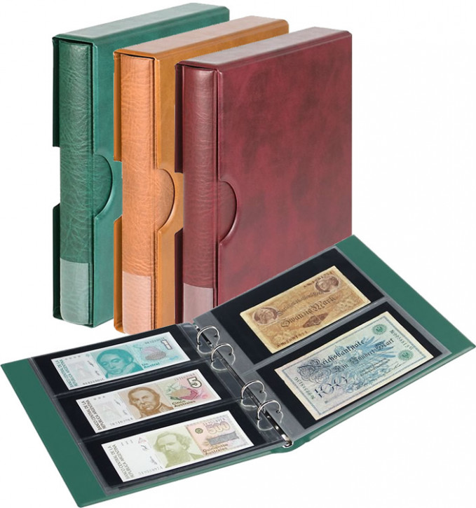 LINDNER Banknotenalbum RONDO mit 10 Banknotenblättern, inkl. Schutzkassette. In 3 Farben zur Auswahl.