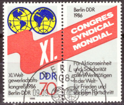 Briefmarken DDR 1986, Mi.Nr. 3049 mit Zierfeld, Weltgewerkschaftskongress. Gestempelt