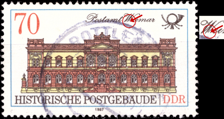 Briefmarken: DDR 1987 Mi.Nr. 3067-3070I Plattenfehler I Feld 5 Zd.-Bogen (rechte untere Spitze des "W" in "Weimar" offen), Postgebäude. Gestempelt
