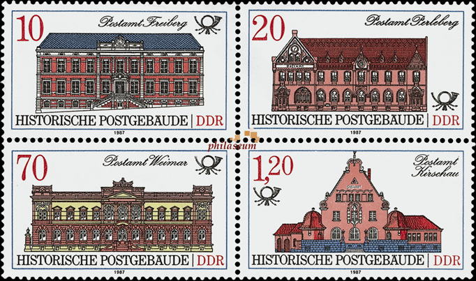 Briefmarken: DDR 1987 Mi.Nr. 3067-3070 Viererblock, Postgebäude. Postfrisch