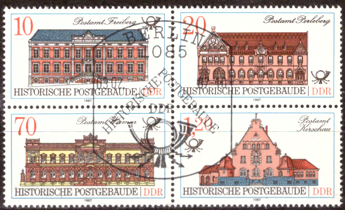 Briefmarken: DDR 1987 Mi.Nr. 3067-3070 Viererblock, Postgebäude. Gestempelt
