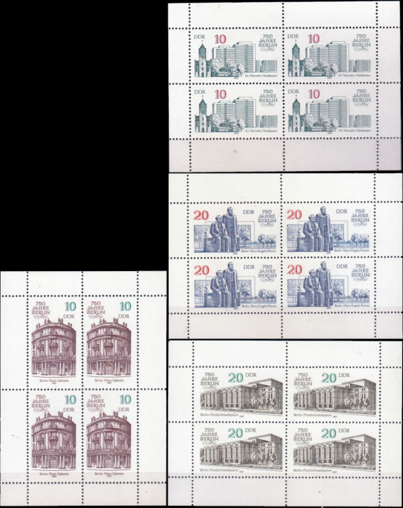 Briefmarken DDR 1987, Mi.Nr. 3075-3078 4x Kleinbogen, 750 Jahre Berlin (II). Postfrisch