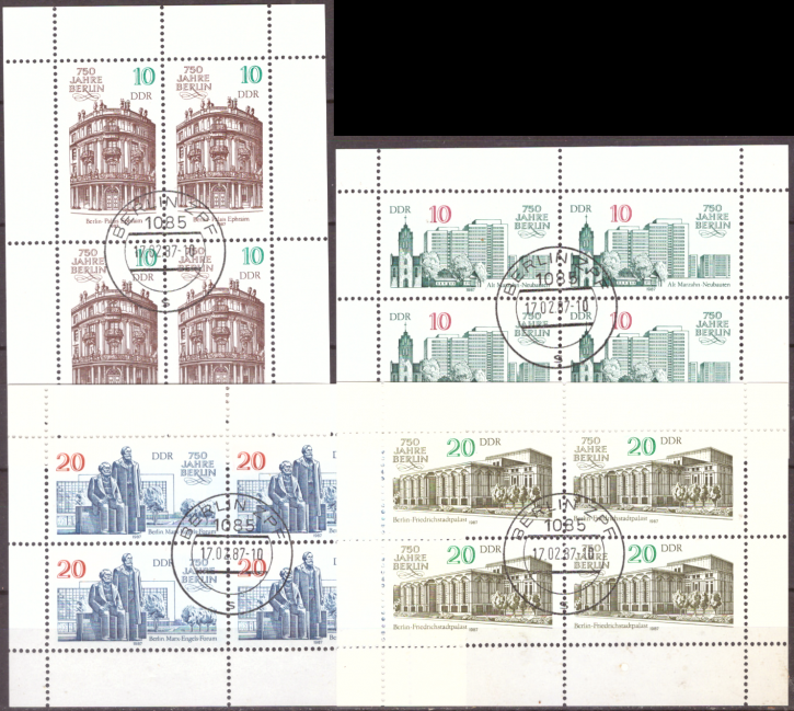 Briefmarken DDR 1987, Mi.Nr. 3075-3078 4x Kleinbogen, 750 Jahre Berlin (II). Gestempelt
