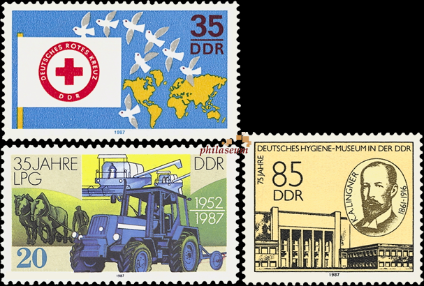 Briefmarken DDR 1987, Lot aus Mi.Nr. 3088, 3089, 3090. Postfrisch