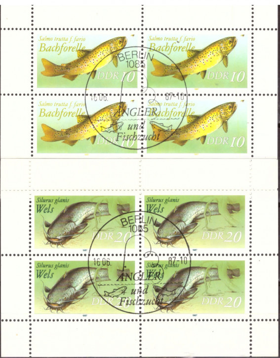Briefmarken DDR 1987, Mi.Nr. 3096I - 3097I 2x Kleinbogen, Süßwasserfische. Gestempelt