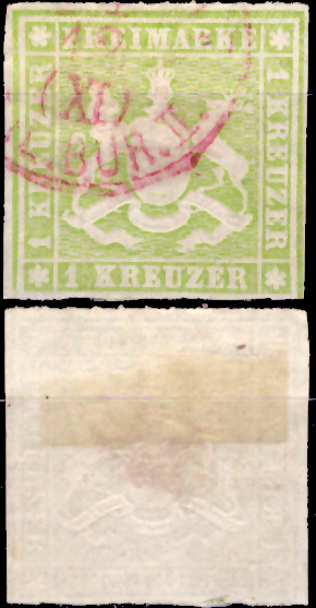 Briefmarken Altdeutschland Württemberg 1865, Mi. Nr. 30 (geschnitten), Wappen, Gestempelt