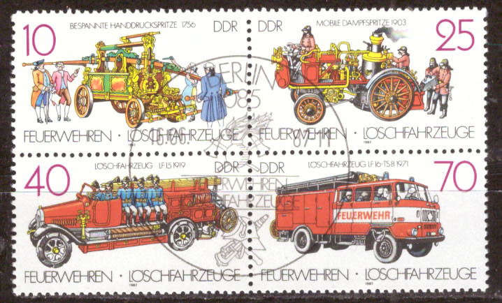 Briefmarken DDR 1987, Mi.Nr. 3101-3104 Viererblock, Feuerwehren: Löschfahrzeuge. Gestempelt