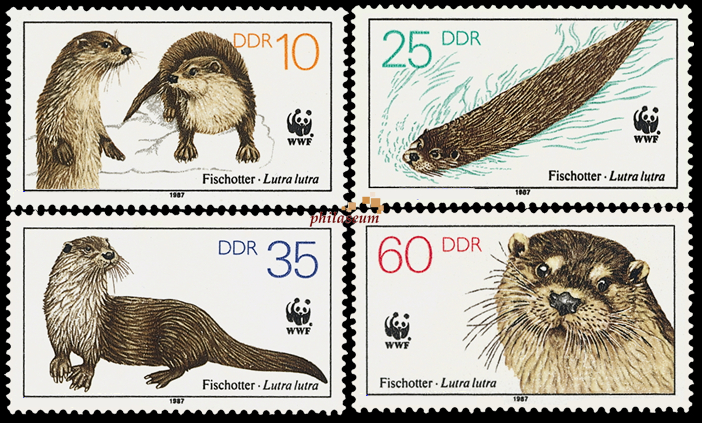 Briefmarken DDR 1987, Mi.Nr. 3107 - 3110, Vom Aussterben bedrohte Tiere (III): Fischotter. Postfrisch
