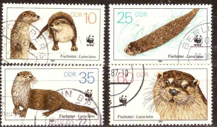 Briefmarken DDR 1987, Mi.Nr. 3107 - 3110, Vom Aussterben bedrohte Tiere (III): Fischotter. Gestempelt