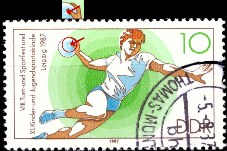 Briefmarken DDR 1987, Mi.Nr. 3112 II, Plattenfehler II, Feld 34 (weißer Fleck im Ball direkt unter der Daumenkuppe). Gestempelt