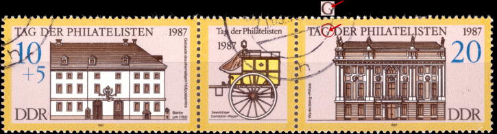 Briefmarken DDR 1987, Mi.Nr. 3118-3119 (WZd 722) mit 3119 I, Plattenfehler I (Serife des "G" von "Tag" beschädigt), Gestempelt