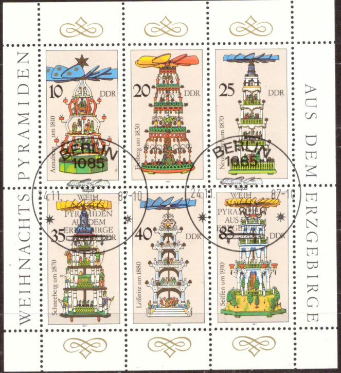 Briefmarken DDR 1987, Mi.Nr. 3134-3139 Kleinbogen, Weihnachtspyramiden. Gestempelt