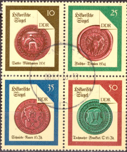 DDR 1988, Mi.Nr. 3156-3159 Viererblock, Historische Siegel (II), Gestempelt