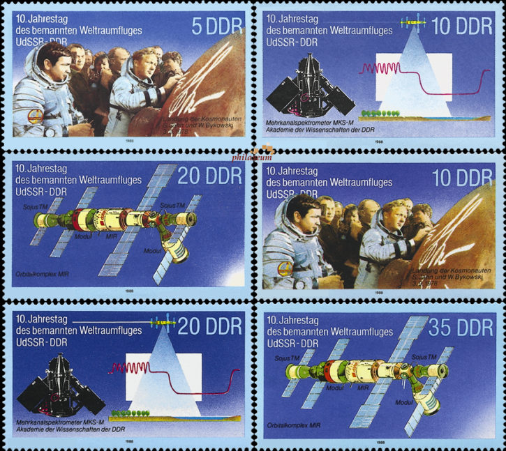 Briefmarken: DDR 1988, Mi. Nr. 3170-3172, 3190-3192, Weltraumflug UdSSR-DDR I und II. Postfrisch