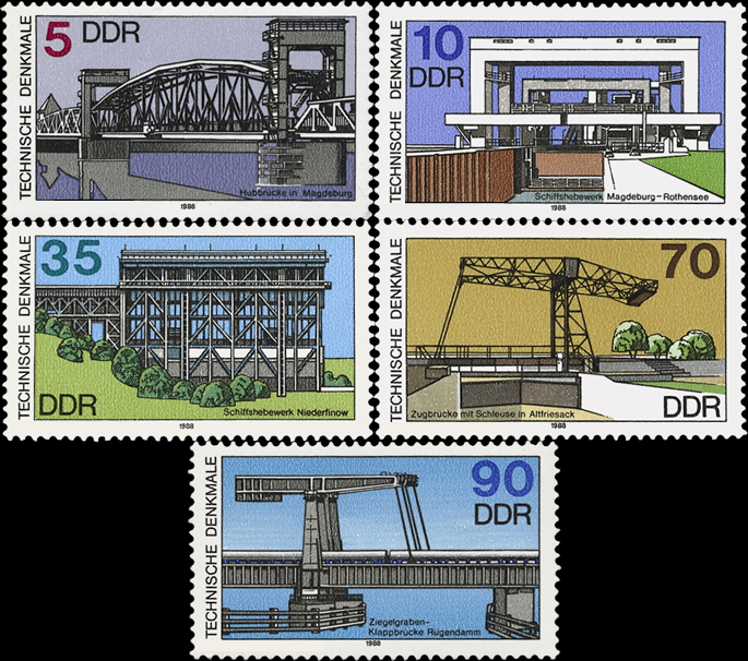 Briefmarken: DDR 1988, Mi. Nr. 3203 - 3207, Technische Denkmale (IV). Postfrisch