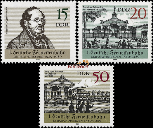 Briefmarken DDR 1989, Mi.Nr. 3238-3240, Ferneisenbahn Leipzig-Dresden. Postfrisch