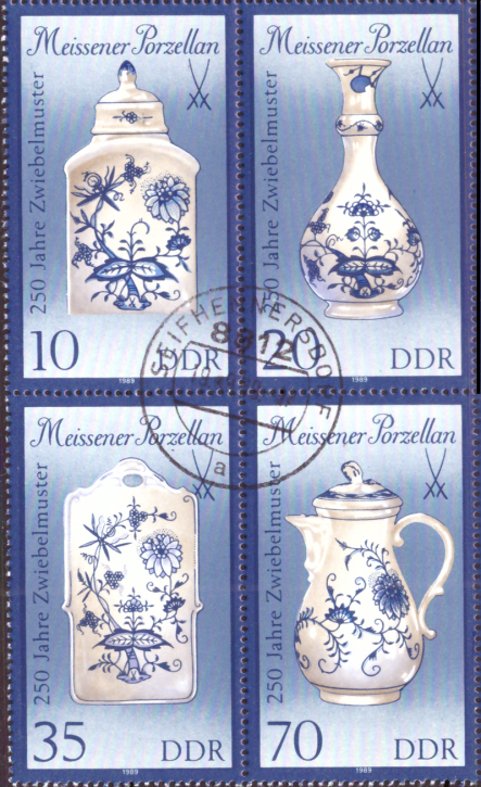Briefmarken DDR 1989, Mi.Nr. 3241II - 3244II Viererblock, Meissener Porzellan (III). Gestempelt
